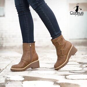 CORKYS Woke Ankle Boot Moto Biker Riding Boho Brown Wedge Double Buckle Size 9